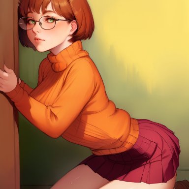 scooby-doo, scooby-doo (character), velma dinkley, eyeai, nai diffusion, stable diffusion, 1girls, big breasts, breasts, female, female only, large breasts, legs, short hair, skirt