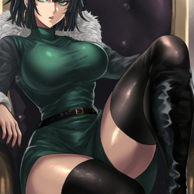 one-punch man, fubuki (one-punch man), shirou, 1girls, angry, angry face, bangs, big breasts, black boots, boots, breasts, busty, clothed, clothing, coat