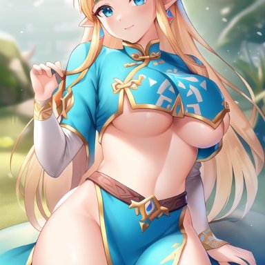 the legend of zelda, princess zelda, zelda (breath of the wild), stable diffusion, blonde hair, blue eyes, chinese clothes, multiple views, ai generated