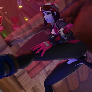 blizzard entertainment, overwatch, widowmaker, blueberg, 1boy, 1girls, balls, clothed, clothes, clothing, equine, equine penis, european, european female, female