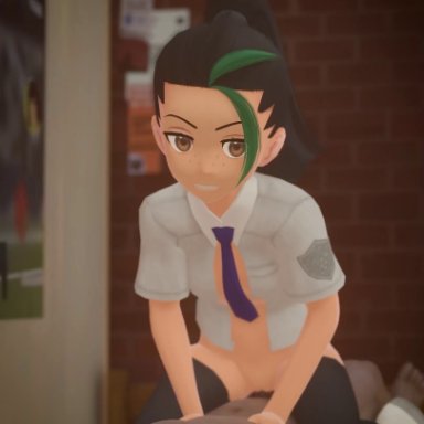 game freak, pokemon, pokemon sv, nemona (pokemon), davesterie, black hair, brown eyes, close-up, cowgirl position, dark-skinned male, necktie, ponytail, sex, stockings, tie