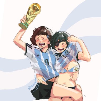 2022 fifa world cup, chainsaw man, fifa, mappa, world cup, higashiyama kobeni, himeno (chainsaw man), masshu, 2girls, argentina, argentine flag, big breasts, blush, bra, celebration