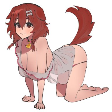 hololive, inugami korone, dismassd, all fours, almost naked, anime, anime style, anthro, ass up, big breasts, boobs, braided hair, braids, brown eyes, brown hair