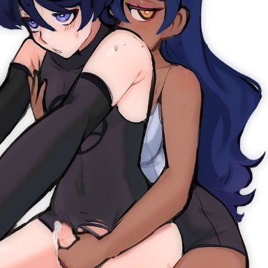 genshin impact, brujita (pearlchan), scaramouche (genshin impact), pearlchan, 1boy, 1boy1girl, 1girls, balls, bare shoulders, blush, cum, dark-skinned female, dark skin, femboy, femdom