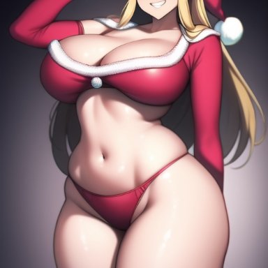 the legend of zelda, princess zelda, nai diffusion, stable diffusion, blonde hair, blue eyes, christmas outfit, curvy, green eyes, heterochromia, huge ass, huge breasts, huge hips, long hair, looking at viewer