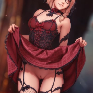 final fantasy, final fantasy xiv, au ra, avatar (ff14), personalami, ass visible through thighs, bare shoulders, black-framed eyewear, black choker, black garter straps, blonde hair, blurry, braid, breasts, choker