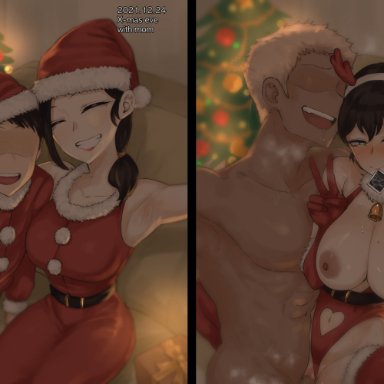 christmas, original character, laliberte, 1boy, 1girls, 2boys, ahe gao, before and after, big breasts, blue eyes, blush, breast grab, creampie, cuckold, cum in pussy