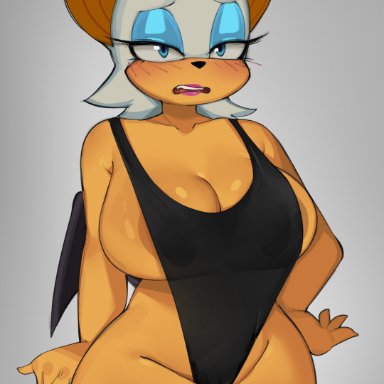 sonic the hedgehog (series), rouge the bat, elijahzx, 1girls, bat, bat ears, bat wings, big breasts, blush, empty eyes, furry only, looking back, thick thighs, white background, wide hips