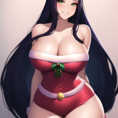 league of legends, riot games, ahri, nai diffusion, stable diffusion, black hair, christmas outfit, curvy figure, fox ears, gigantic breasts, green eyes, huge breasts, huge hips, long hair, looking at viewer