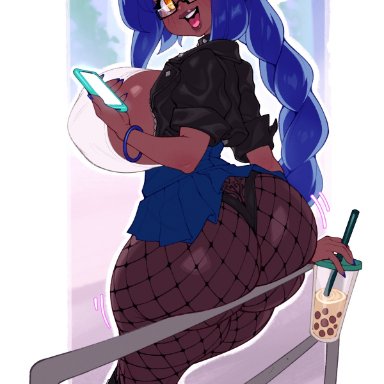 original character, tangobat, 1girls, asa, ass, big ass, big breasts, blue hair, boots, breasts, dark-skinned female, dark skin, eye contact, female, female only