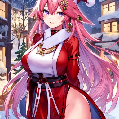 christmas, genshin impact, mihoyo, yae miko, nai diffusion, stable diffusion, 1girls, big breasts, breasts, curvaceous, curvy, fox ears, fox girl, light-skinned female, light skin