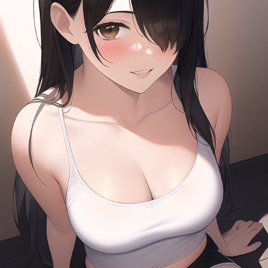 original, original character, nai diffusion, stable diffusion, 1girls, bare shoulders, black hair, breasts, female, female only, hair over one eye, large breasts, midriff, navel, shorts