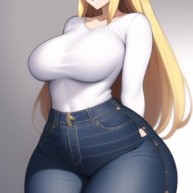 the legend of zelda, princess zelda, nai diffusion, stable diffusion, blonde hair, blue eyes, curvy, curvy figure, high-waist pants, huge ass, huge breasts, huge hips, long hair, looking at viewer, seductive smile