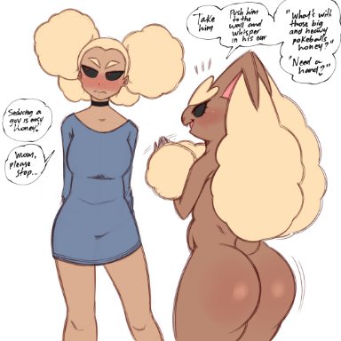 nintendo, pokemon, lopunny, pok&#233;mon (species), saltyxodium, 2girls, anthro, ass, black sclera, blonde hair, brown body, brown skin, female, floppy ears, furry