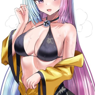 nintendo, pokemon, pokemon sv, gym leader, iono (pokemon), hanasaka houcha, 1girls, bikini top, blue hair, breasts, clothed, female, human, human only, jacket