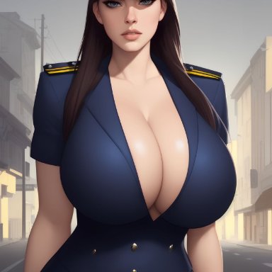 original, stable diffusion, 1girls, big breasts, cleavage, curvaceous, curvy body, curvy female, female focus, female only, long hair, looking at viewer, police hat, police officer, police uniform