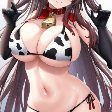 genshin impact, hu tao (genshin impact), 1girls, alternate breast size, alternate hairstyle, bikini, breasts, brown eyes, brown hair, cleavage, cow print, cow print bikini, female, huge breasts, light-skinned female