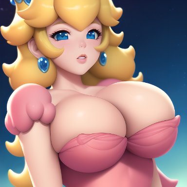 mario (series), nintendo, princess peach, 1girls, big breasts, blonde hair, blue eyes, breasts, bursting breasts, busty, cleavage, dress, female, female only, large breasts