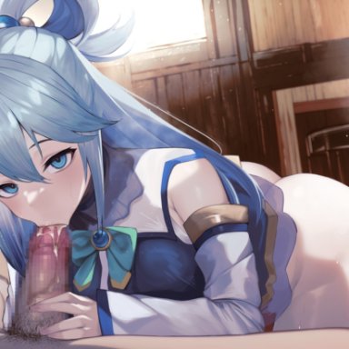 aqua (konosuba), suujiniku, 1boy, ass, bangs, bare shoulders, blue eyes, blue hair, blue shirt, blue skirt, blush, bow, breasts, cum, cum in mouth