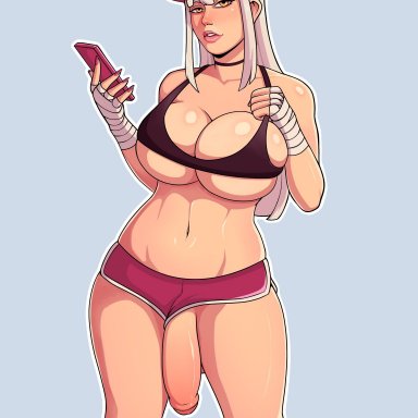 original character, davespinup, 1futa, bandaged hand, big breasts, big penis, breasts, cap, choker, clothed, clothing, flaccid, foreskin, futa only, futanari