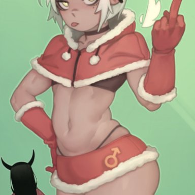 christmas, original, original character, kelvin hiu, 1boy, 1girls, ass, butt, christmas outfit, femboy, gloves, horns, male, middle finger, miniskirt