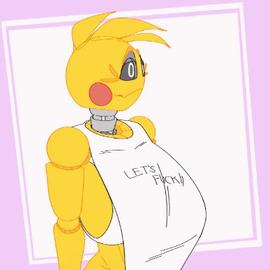 five nights at freddy's, toy chica (fnaf), johnnypescado, 1girls, anthro, areola, areolae, big breasts, black sclera, breasts, female, looking at viewer, nipples, revealing breasts, robot