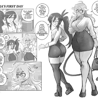 clara (drykoops), original characters, penn (videajames), videajames, 1boy, 1futa, big ass, big breasts, black hair, breasts, bulge, button down shirt, buttons, clothed, clothing