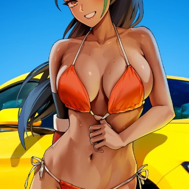 nintendo, nissan, pokemon, pokemon sv, nemona (pokemon), foxyrain, foxyreine, 1girls, alternate breast size, beach, bikini, black hair, breasts, brown eyes, brown skin