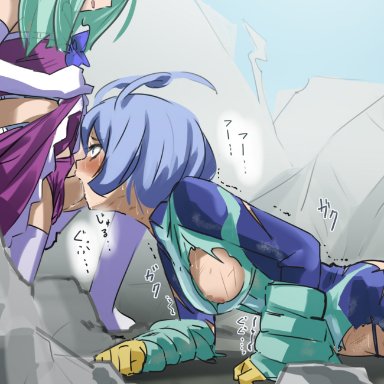 my hero academia, nejire hado, raitaroo, 1futa, 1girls, blowjob, blue hair, blush, breasts, clothed, clothed female, clothing, debris, duo, elbow gloves