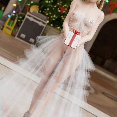 christmas, dead or alive, dead or alive 5, marie rose, skyarsenic, 1girls, areolae, bare shoulders, black ribbon, blonde female, blonde hair, blue eyes, breasts, christmas present, christmas tree