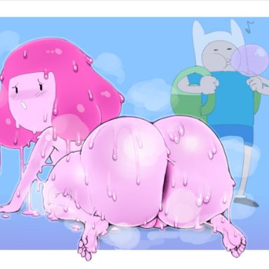 adventure time, finn the human, princess bubblegum, dop, doplino, 1boy, 1girls, anus, anus peek, ass, big ass, big butt, blowing bubblegum, blush, booty restored