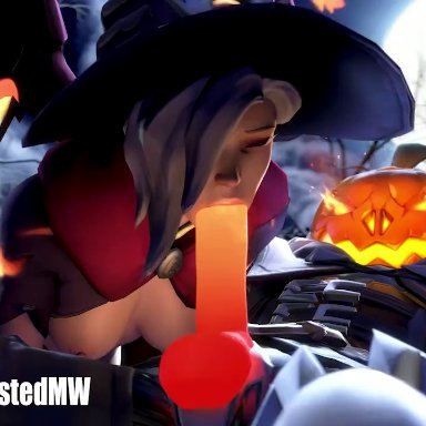 halloween, overwatch, overwatch 2, angela ziegler, mercy, reaper, witch mercy, toasted microwave, 1boy, 1girls, big penis, blonde hair, blowjob, breasts out, deepthroat