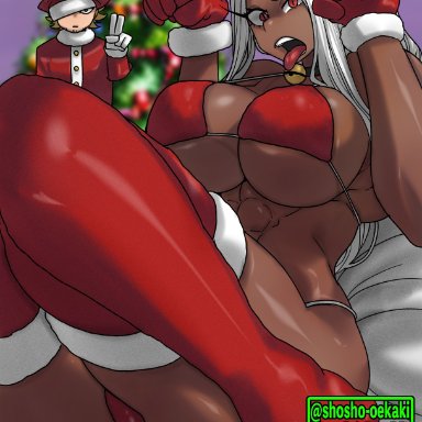 christmas, my hero academia, hawks (my hero academia), miruko, rumi usagiyama, shosho oekaki, 1boy, 1girls, big breasts, breasts, bunny ears, bunny tail, christmas outfit, eye contact, female