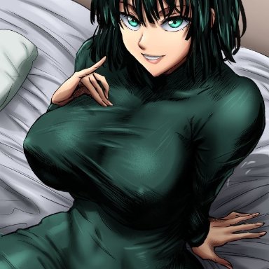 one-punch man, fubuki (one-punch man), daraz18aka, 1girls, bangs, bed, belly, big breasts, breasts, busty, clothed, clothing, curvaceous, curvy, curvy body