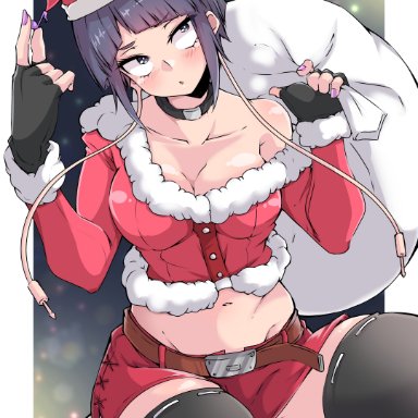 christmas, my hero academia, kyoka jiro, shinonome moz9, 1girls, athletic, athletic female, bare midriff, bare shoulders, breasts, busty, christmas outfit, cleavage, clothed, clothing