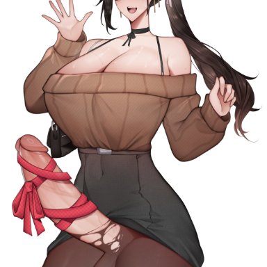 christmas, original, original character, unbeller, 1futa, balls, big balls, breasts, brown eyes, brown hair, cleavage, clothed, clothed futanari, clothing, erection