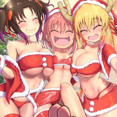 christmas, miss kobayashi's dragon maid, elma (dragon maid), kobayashi, tohru (dragon maid), ozrereresan, 3girls, big breasts, blush, breasts, christmas outfit, closed eyes, feet, female, female only