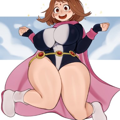 dc comics, my hero academia, ochako uraraka, raven (cosplay), 1girls, alternate costume, breasts, brown hair, cape, cosplay, large breasts, leotard, looking at viewer, revealing clothes, short hair