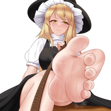 touhou, marisa kirisame, oirin, 1girl, barefoot, belt, black dress, blonde hair, blush, breasts, dominant female, dress, feet, femdom, foot fetish