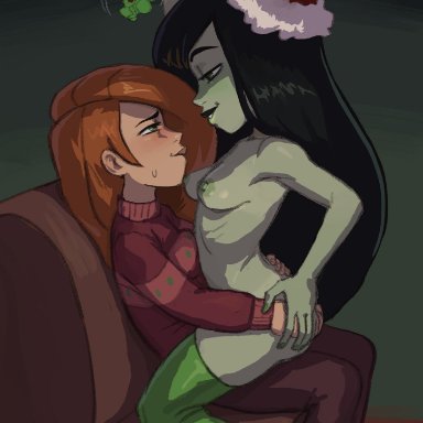 christmas, kim possible, kimberly ann possible, shego, pears (artist), 2girls, adult and teenager, age difference, bedroom eyes, chair, christmas sweater, clothed female nude female, green hair, green skin, in love