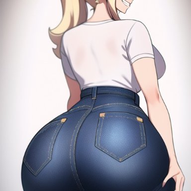 mario (series), princess rosalina, nai diffusion, stable diffusion, ass focus, bimbo, blonde hair, blue eyes, curvy, curvy figure, gigantic ass, high waisted pants, huge ass, huge breasts, jeans