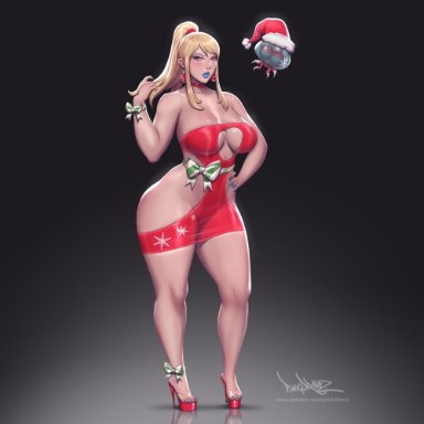 christmas, metroid, metroid (creature), samus aran, pinkdrawz, 1girls, big breasts, bimbo, blonde hair, blue eyes, blue lipstick, breasts, cleavage, female, female only