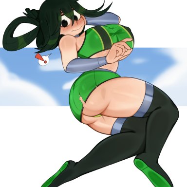 dc comics, my hero academia, starfire (cosplay), tsuyu asui, alternate costume, ass, big ass, blush, breasts, cosplay, embarrassed, female, green hair, green panties, large breasts