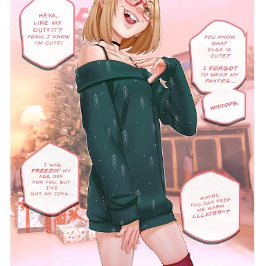 andavaverse, christmas, darcy redd, andava, 1girls, bare shoulders, brown eyes, brown hair, choker, christmas clothing, christmas present, christmas tree, female, female only, glasses