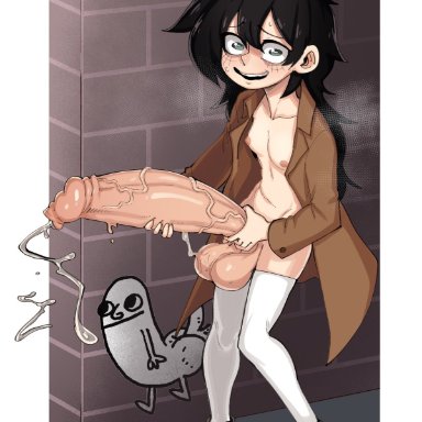 kuroki tomoko, mrbooshmaster, 1futa, alley, areolae, balls, big balls, black hair, breasts, dickbutt, erection, exhibitionism, futa only, futanari, gigantic penis