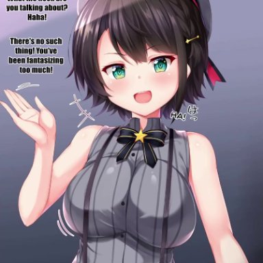 hololive, oozora subaru, heart lewd, kuragari, lewdheart, 1boy, 1girls, areolae, bangs, bare shoulders, beret, black hair, blush, bowtie, braless