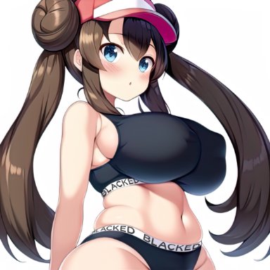 blacked, nintendo, pokemon, rosa (pokemon), artist request, 1girls, :o, belly, big breasts, blacked clothing, blue eyes, blush, breasts, brown hair, busty