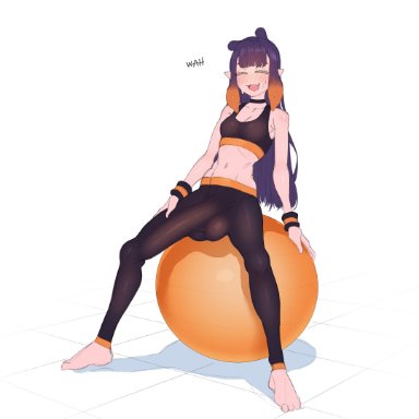 hololive, hololive english, ninomae ina'nis, makinakid, 1futa, ball, balls, bare shoulders, barefoot, black choker, black pants, black sports bra, blush, breasts, choker