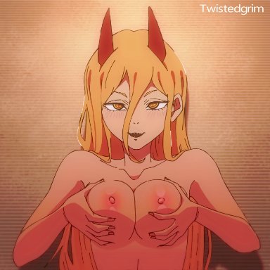 chainsaw man, power (chainsaw man), twistedgrim, big breasts, playing with breasts, animated, video