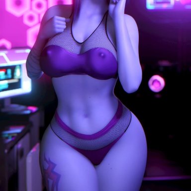 blizzard entertainment, overwatch, widowmaker, breadcrumb, ass, big ass, female, female only, lingerie, purple hair, purple skin, solo female, tattoo, thick thighs, thong